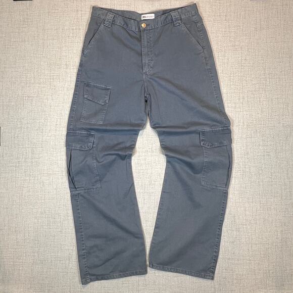 Zara Women’s Trf Cargo Pants Size 10 Light Blue Wide Leg Multi Pocketed - Picture 2 of 9